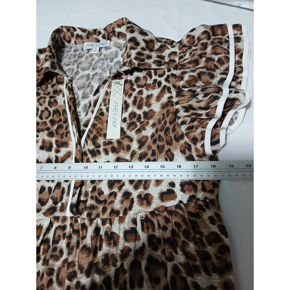 She + Sky Leopard Print Tiered Babydoll Mini Dress Ruffle Sleeve Brown White M - Picture 7 of 10